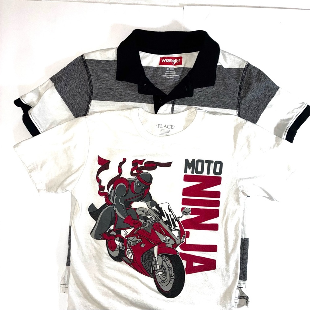 Size:M (7-8) White and Red Ninja Graphic Kids Tee and Wrangler Polo